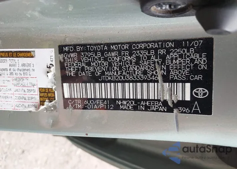 2008 Toyota Prius z USA, uszkodzony, nr VIN JTDKB20U383339346